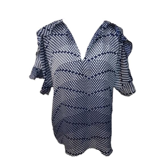 Small Navy Blouse Banana Republic Polka Dot Ruffle $55 NWT - Picture 1 of 9